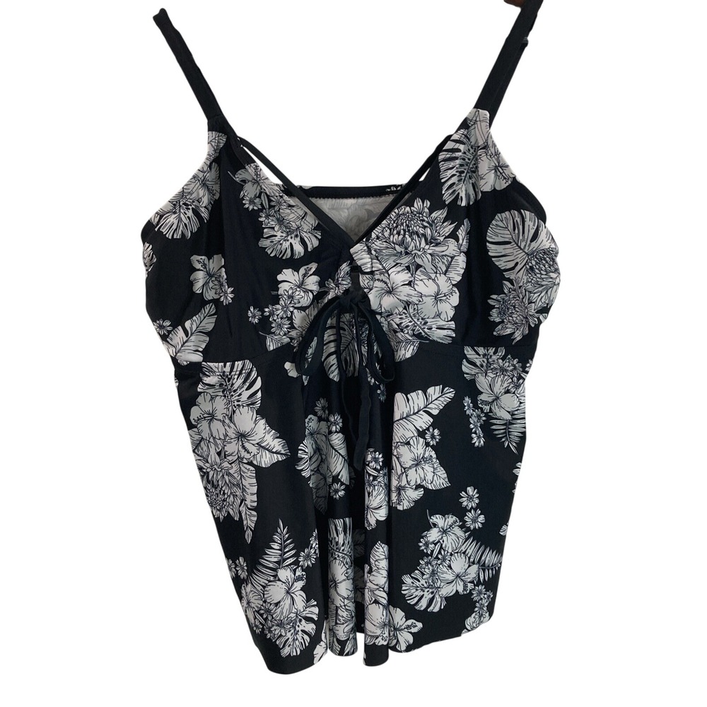 Time and Tru Women XL 16 - 18 Black Floral Tankini Adjustable Straps